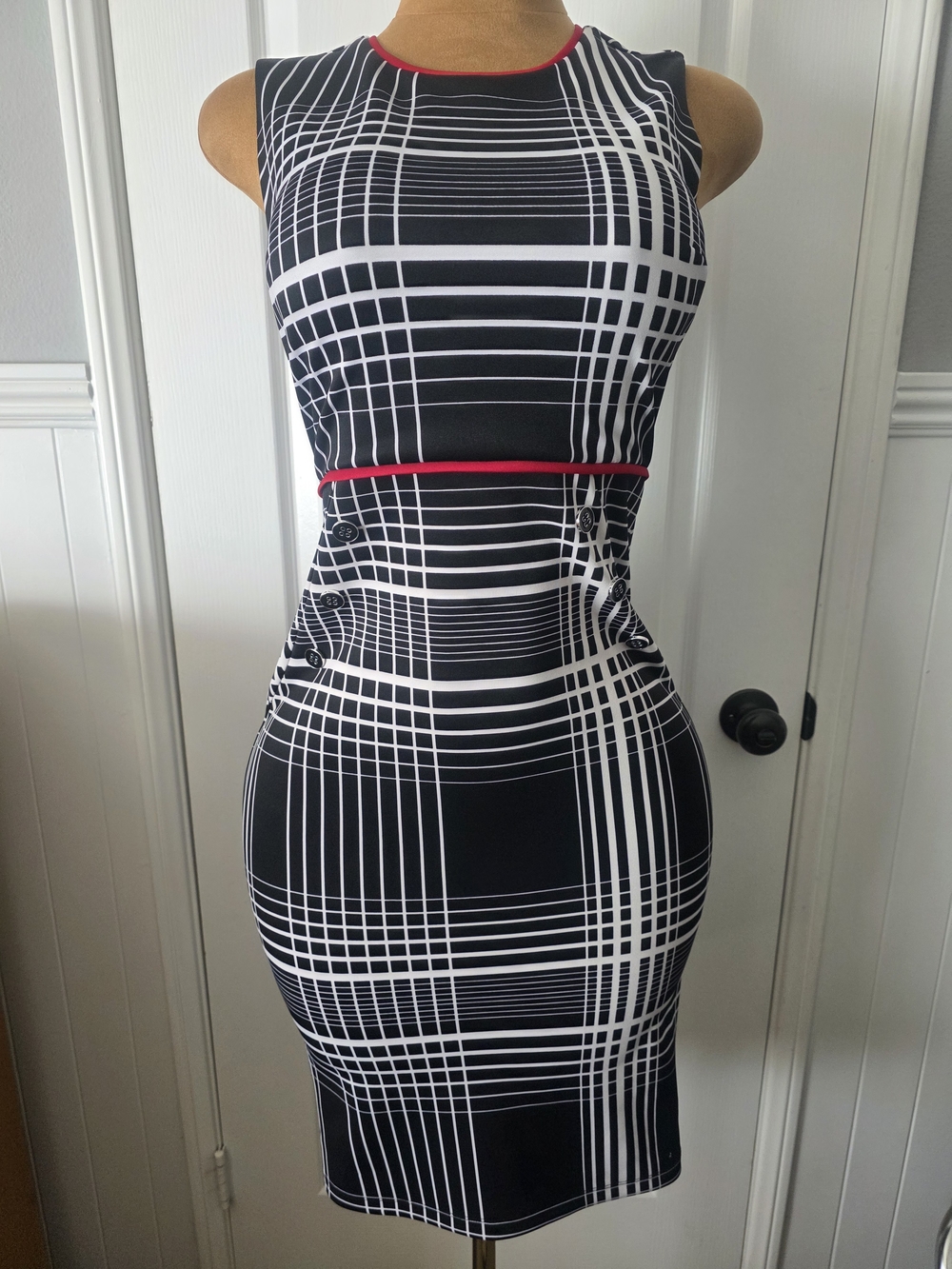 Enfocus Studio Black and White Plaid Midi Dress with Red Trim